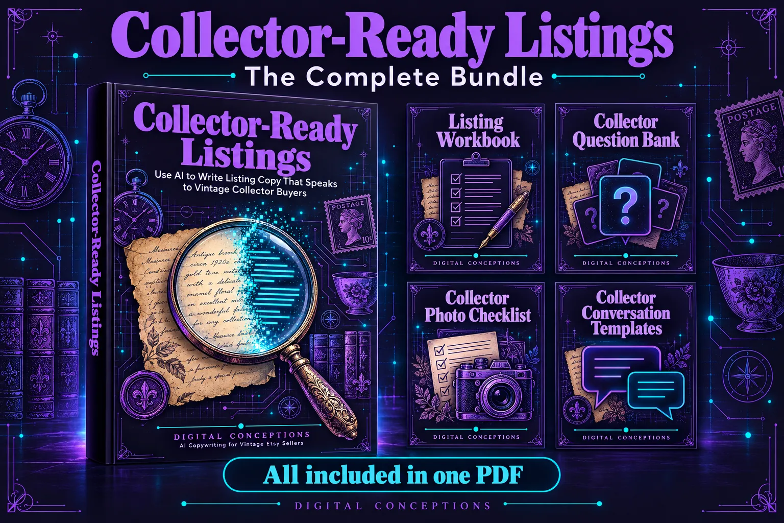 Collector-Ready Listings bundle overview with the main guide, workbook, question bank, photo checklist, and conversation templates
